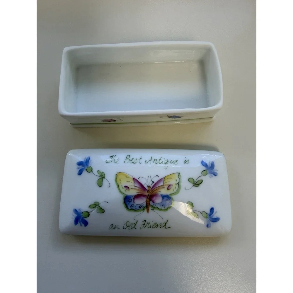 Porcelain White Trinket Jewelry Mini Box Floral Butterfly Coquette Hand Painted
